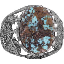 Doğal Arizona Turkuaz Taşlı Yüzük, Cami Detaylı Yüzük, 925 Ayar Gümüş Yüzük (Model-5)