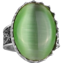 925 Ayar Gümüş Yüzük - Büyük Yüzük - Yapay Taş Gümüş Yüzük - El Yapımı Yüzük (Yapay Yeşil Kedi Gözü)