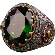 Kral Yüzük, Yaşlandırma Yüzüğü, Sultan Yüzüğü, Erkek 925 Ayar Gümüş Yüzük, Yapay Zümrüt Taşı, Yeşil