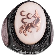 Desenli El Yapımı Yüzük - 925 Ayar Gümüş Erkek Yüzüğü - David Yıldızı Takısı (Kurt ve Üçlü Hilal)