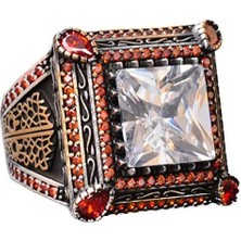Sert Gümüş Erkek Yüzük - Yapay Kristal Taş - Vintage Tasarım