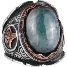 Osmanlı Tuğra Gümüş Yüzük, Doğal Cabochon Zümrüt Taşlı Yüzük, 925K Sert Gümüş Erkek Yüzüğü