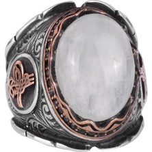 Doğal Cabochon Akuamarin Taş Yüzük, Osmanlı Imparatorluğu Tuğra Gümüş Yüzük, Huzur Temalı 925K Katı Gümüş Erkek Yüzük