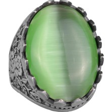 925 Ayar Gümüş Yüzük - Gül Desenli Yüzük - Doğal Olmayan Taş Yüzük Erkekler Için - El Yapımı Yüzük (Oluşturulmuş Yeşil Kedi Gözü)