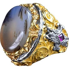 Doğal Yemeni Akik Taşı Yüzük, El Yapımı Sultan Yüzük, 925 Ayar Gümüş Altın Kaplama Erkek Yüzüğü