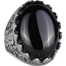 Doğal Taş Yüzük - Gül Desenli Yüzük - 925 Ayar Gümüş Yüzük - El Yapımı Büyük Yüzük (Oniks)