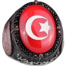 Yıldız ve Hilal Desenli Yüzük - El Yapımı Yüzük - 925 Ayar Gümüş Erkek Yüzüğü