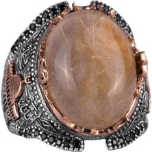 Doğal Cabochon Altın Rutilli Kuvars Taşı Camisi Yüzüğü, 925 Ayar Katı Gümüş Erkek Yüzüğü