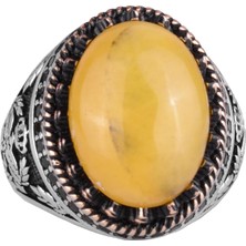 Doğal Taş Yüzük - El Yapımı Şahin Yüzük - 925 Ayar Gümüş Yüzük (Amber)