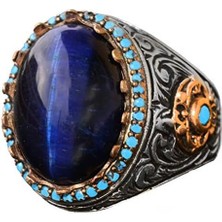 Kral Yüzük - Yapay Mavi Kaplan Göz Taşı, 925 Ayar Gümüş Unisex Yüzük