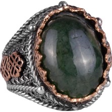 El Yapımı Doğal Cabochon Zümrüt Taşlı Yüzük, 925 Ayar Katı Gümüş Erkek Yüzük