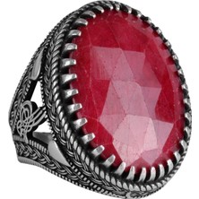 Doğal Yakut Taşlı Yüzük - Osmanlı Tuğra Deseni - 925 Ayar Sert Gümüş Yüzük