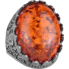 925 Ayar Gümüş Yüzük - Gül Desenli Yüzük - Doğal Olmayan Taş Yüzük (Oluşturulmuş Amber)