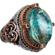 Doğal Krysokolla Taş Yüzük, 925 Ayar Gümüş Erkek Yüzük, Şık Yüzük