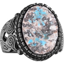 Doğal Arizona Turkuaz Baykuş Figürlü Taş Yüzük, Gümüş Erkek Yüzüğü - El Yapımı Tasarım (Stil-5)