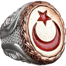 925 Ayar Gümüş Erkek Yüzük, Bronz Hilal ve Yıldız ile Osmanlı Tarzı Türk Yüzük, Bronz Taş Tasarımı