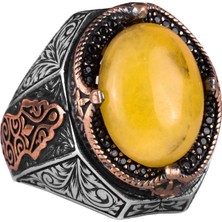 925 Ayar Katı Gümüş Yüzük - Doğal Sarı Akik Taşı Yüzük, Gümüş Erkek Yüzüğü