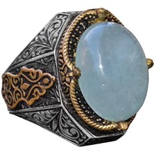 El Yapımı Vintage Tasarım Zümrüt Yüzük - 925 Ayar Gümüş Erkek Yüzük Altın Aksanlı (Akvamarin)