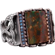 El Yapımı 925 Ayar Gümüş Erkek Yüzük, Arizona Turkuaz Taşı - Vintage Tasarım - Taş Yüzük