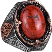 Doğal Kırmızı Kan Taşı Yüzük - 925 Ayar Katı Gümüş Yüzük Erkekler Için