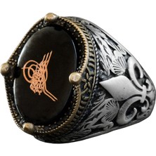 El Yapımı Siyah Oniks Taş Yüzük, 925 Ayar Gümüş Erkek Yüzüğü, Türk Tuğra Tasarımı