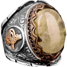 Doğal Prehnite Taş Yüzük, 925 Ayar Gümüş Erkek Yüzük, Tugra Yüzük