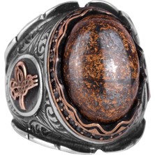 Doğal Bronzit Taş Yüzük, 925 Ayar Katı Gümüş Erkek Yüzüğü, Osmanlı Tuğra Yüzüğü