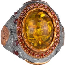 Yapay Taş Yüzük - Sultan Yüzüğü - 925 Ayar Gümüş Yüzük - El Yapımı Kral Yüzüğü (Yapay Amber)