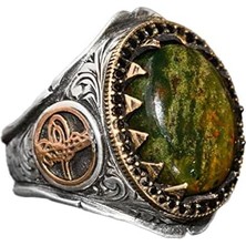 Doğal Kan Taşı Erkek Yüzüğü - 925 Ayar Gümüş Osmanlı Imparatorluğu Tuğra Tasarımı