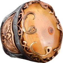 Doğal Kehribar Taşlı Gümüş Yüzük, 925 Ayar Katı Gümüş Erkek Yüzüğü, Etnik Tasarım Erkek Yüzüğü