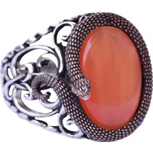 Şık Yılan Süslemeli 925 Ayar Gümüş Erkek Doğal Taş Yüzük Koleksiyonu - Çeşitli ve Canlı (Turuncu Kedi Gözü Taşı)