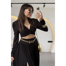 Hot Fashıon Kadın Büzgülü Uzun Kol Crop Bluzlü ve Derin Yırtmaçlı Maxi Boy Balon Etekli Ikili Takım