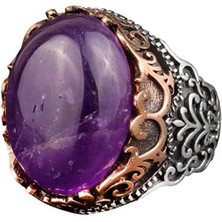 Erkekler Için Doğal Ametist Taşlı Yüzük, 925 Ayar Gümüş El Yapımı Vintage Tarzı, Şifa Kristali Takı