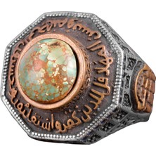 925 Ayar Gümüş Erkek Yüzük Doğal Arizona Turkuaz Taşı - El Yapımı Yazı ve Cami Motifi (Stil-1)