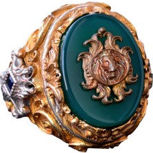 Jade Taş Yüzük - 925 Ayar Gümüş Yüzük - El Yapımı Erkek Altın Kaplama Yüzük (Aslan)