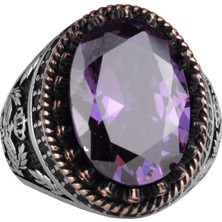 925 Ayar Gümüş Yüzük, Yapay Taş Yüzük, Kartal Sembolü Yüzük, El Yapımı Yüzük (Yapay Ametist)