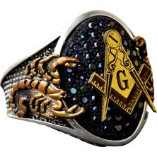 El Yapımı 925 Ayar Gümüş Erkek Mason Akrep Yüzüğü Siyah Akyürek Taşı Ile, Mason Altın Kaplama Kral Yüzük Tasarımı, Gümüş Yüzük