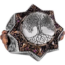 Ağaç Hayatı Gümüş Erkek Yüzük, 925 Ayar Gümüş Yüzük, El Yapımı Yggdrasil Ağaç Hayatı Yüzüğü