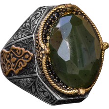 El Yapımı Vintage Tasarım Zümrüt Yüzük - 925 Ayar Gümüş Erkek Yüzük Altın Detaylarla (Jade)