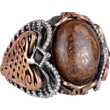 El Yapımı Doğal Bronzit Taş Yüzük, 925 Ayar Katı Gümüş Erkek Yüzüğü