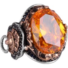 Turuncu Sitrin Taşlı Yüzük, 925 Ayar Gümüş Yüzük, Aslan Sembolü Yüzük, Hayvan Temalı Gümüş Yüzük Tasarımı Erkek Yüzüğü