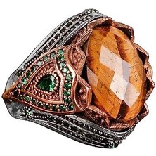 Doğal Taş El Yapımı Yüzük - 925 Ayar Gümüş Şık Yüzük (Kaplan Gözü)