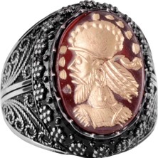 Doğal Agat Taşından Şaman Yüzüğü - Oymalı Taş Amerikan Baş Şef Yüzüğü, 925 Ayar Gümüş Erkek Yüzüğü