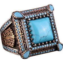 925 Ayar Gümüş Turkuaz Taşlı Erkek Yüzük - Vintage Tarzı, El Yapımı Takı