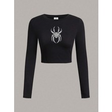 Bozz&bozz Collection Kadın Örümcek Taş Baskılı Bisiklet Yaka Uzun Kollu Fitilli Crop Bluz