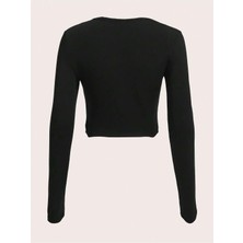 Bozz&bozz Collection Kadın Baskılı Bisiklet Yaka Uzun Kollu Fitilli Crop Bluz