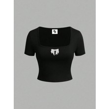 Bozz&bozz Collection Parlak Taş Fiyonk Baskılı Fitilli Crop Bluz