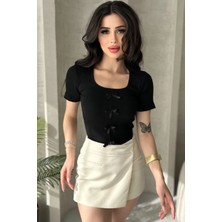 Bozz&bozz Collection Kurdele Detaylı, Kare Yaka, Kısa Kollu, Fitilli Örme, Crop, Bluz