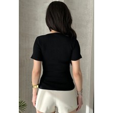 Bozz&bozz Collection Kurdele Detaylı, Kare Yaka, Kısa Kollu, Fitilli Örme, Crop, Bluz