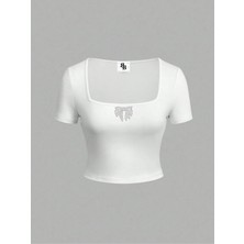 Bozz&bozz Collection Parlak Taş Fiyonk Baskılı Fitilli Crop Bluz
